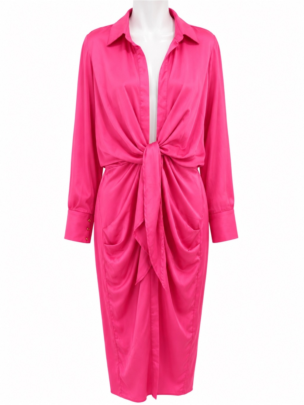 Hot Pink Satin Long-Sleeve Tie-Front Dress